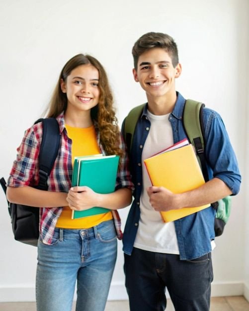 Two college students with backpacks standing side by side each holding books Premium AI generated image