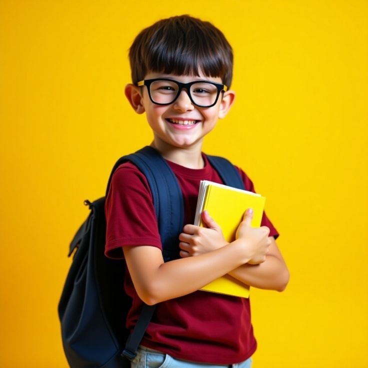 small boy wearing sunglasses with bag and books in hand